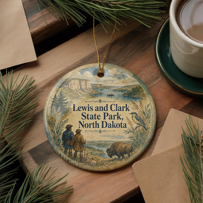 A decorative ornament featuring a scenic landscape with a buffalo, pine trees, and a body of water, along with the text "Lewis and Clark State Park, North Dakota".