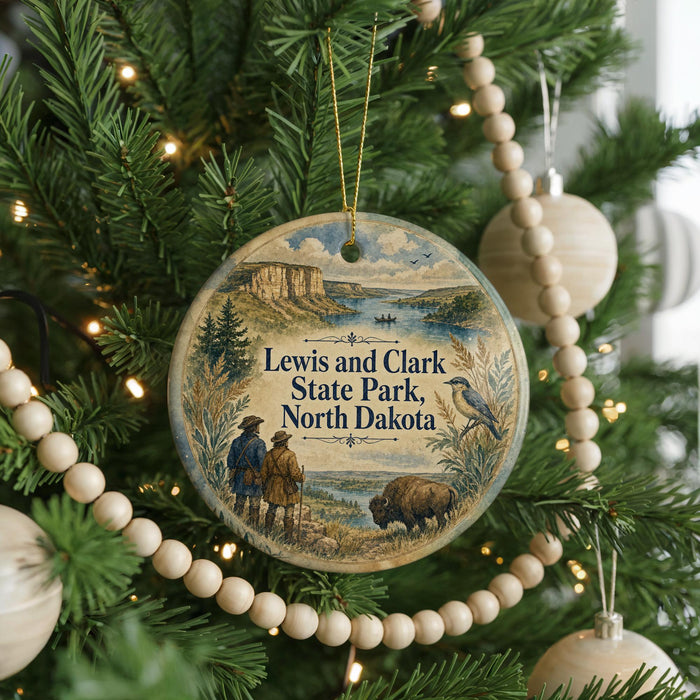 A circular ornament hanging on a Christmas tree, featuring a scenic landscape with a buffalo and a couple of people.