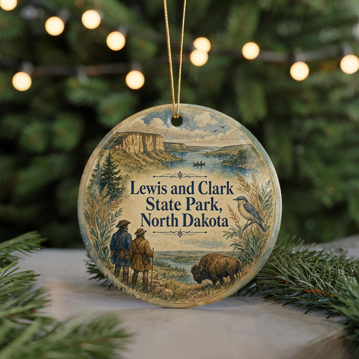 A round ornament with a scenic landscape depicting Lewis and Clark State Park in North Dakota, featuring a bison, a bird, and a river.