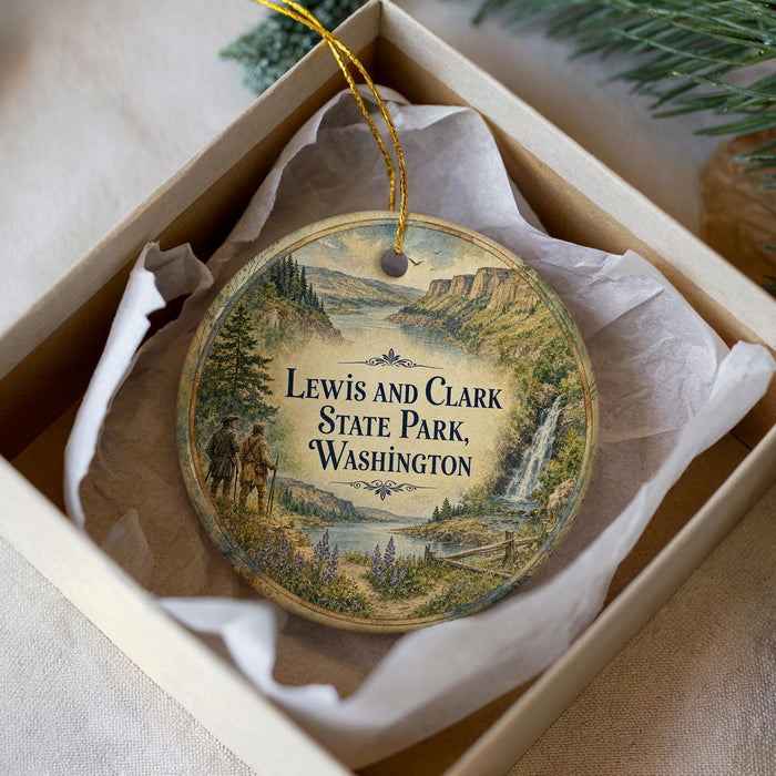 A round ornament with a scenic landscape of Lewis and Clark State Park, Washington, featuring a waterfall and a trail.