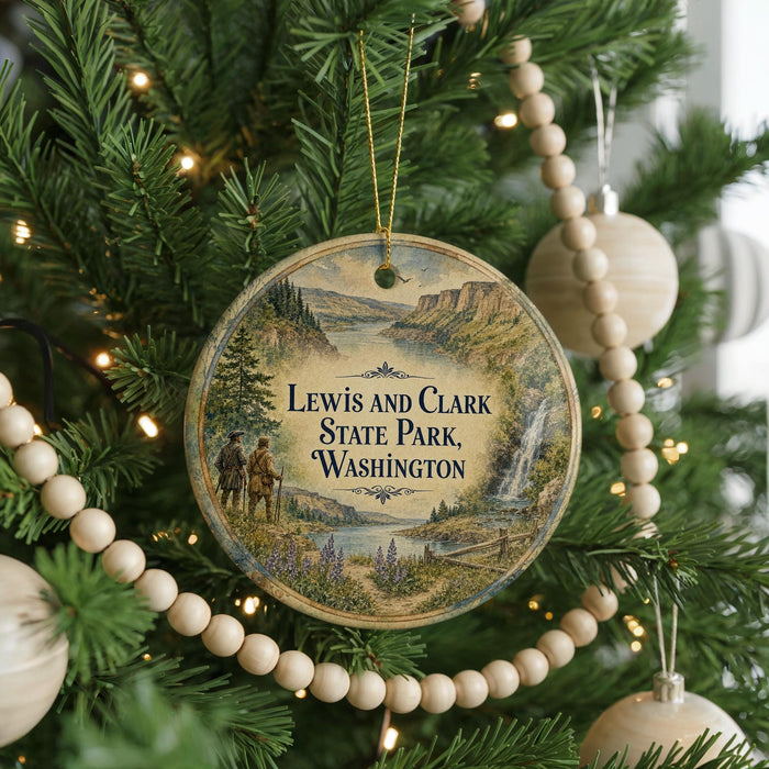 A circular ornament hanging on a Christmas tree, featuring a scenic landscape with a river and mountains.