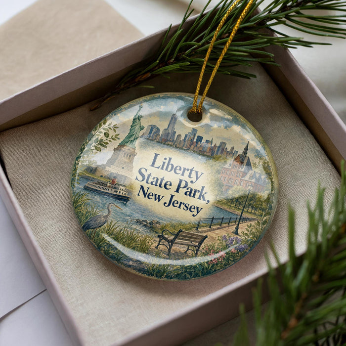 A decorative ornament featuring the Statue of Liberty and Liberty State Park in New Jersey, placed in a box with pine branches.