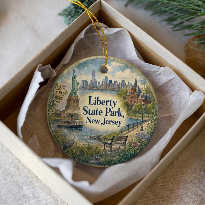 A decorative ornament featuring the Statue of Liberty and Liberty State Park in New Jersey, with a boat and a bench in the foreground.