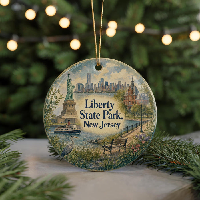 A decorative ornament featuring the Statue of Liberty and Liberty State Park in New Jersey, with a background of a city skyline.
