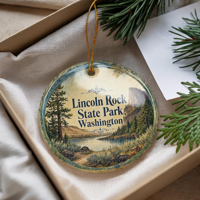 A decorative ornament with the text "Lincoln Rock State Park, Washington" on it, hanging from a string. The ornament is placed on a surface with pine branches and a white envelope visible in the background.