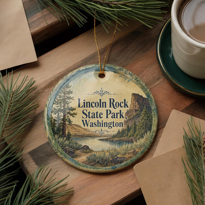 A decorative ornament with the text "Lincoln Rock State Park, Washington" on it, surrounded by pine branches and a cup of coffee on a wooden surface.