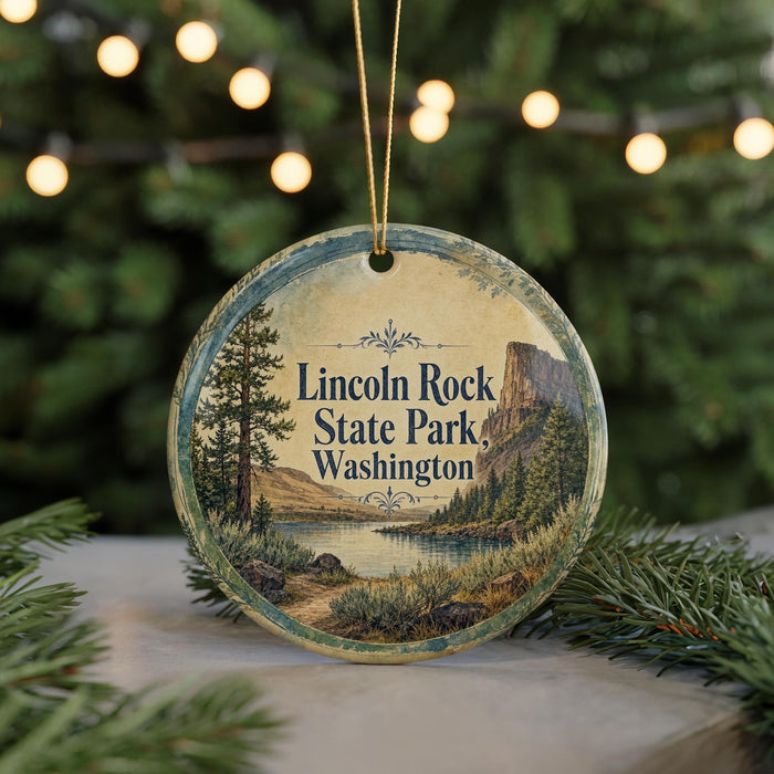A round ornament with a scenic landscape of a lake, mountains, and pine trees, featuring the text "Lincoln Rock State Park, Washington".