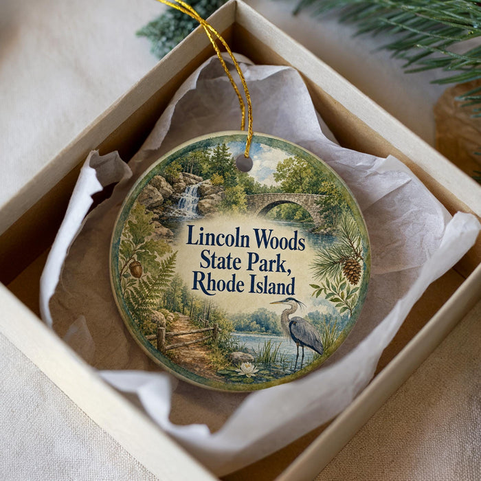 A round ornament with a scenic landscape of a lake, waterfall, and forest, featuring the text "Lincoln Woods State Park, Rhode Island".
