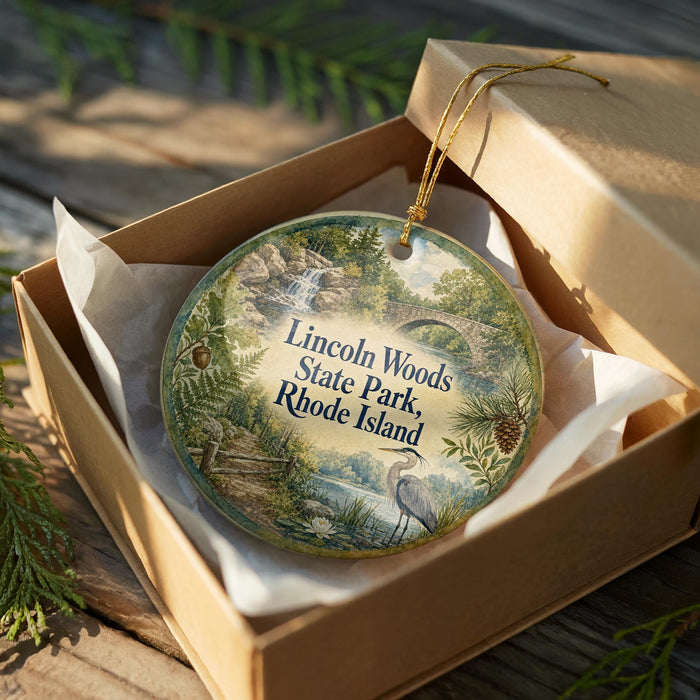 A decorative ornament in a box, featuring a scenic landscape with a waterfall and greenery, with the text "Lincoln Woods State Park, Rhode Island" printed on it.