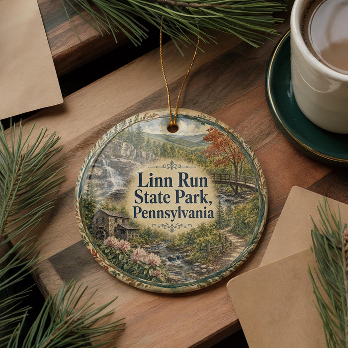 A decorative ornament featuring a scenic landscape of Linn Run State Park, Pennsylvania, with a waterfall and pine trees.