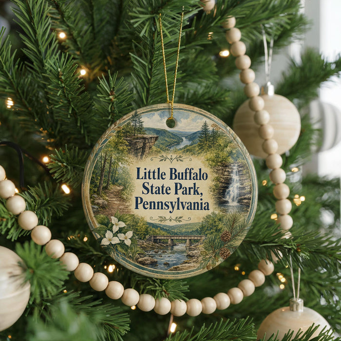 A round ornament hanging on a Christmas tree, featuring a scenic image of Little Buffalo State Park, Pennsylvania.