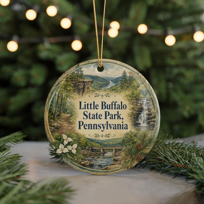 A round ornament with a scenic image of Little Buffalo State Park, Pennsylvania, featuring a waterfall, pine trees, and a bridge.