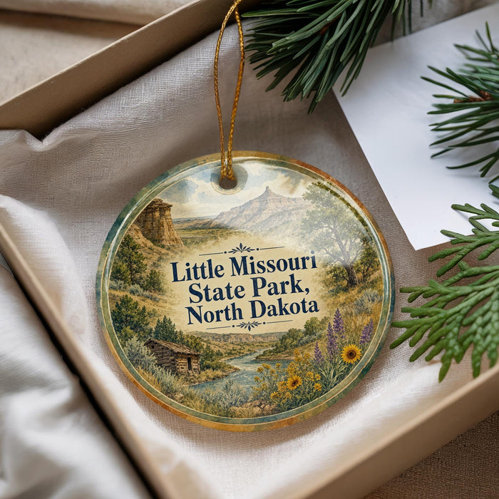 A decorative ornament with a scenic landscape of Little Missouri State Park, North Dakota, featuring mountains, a river, and a cabin.