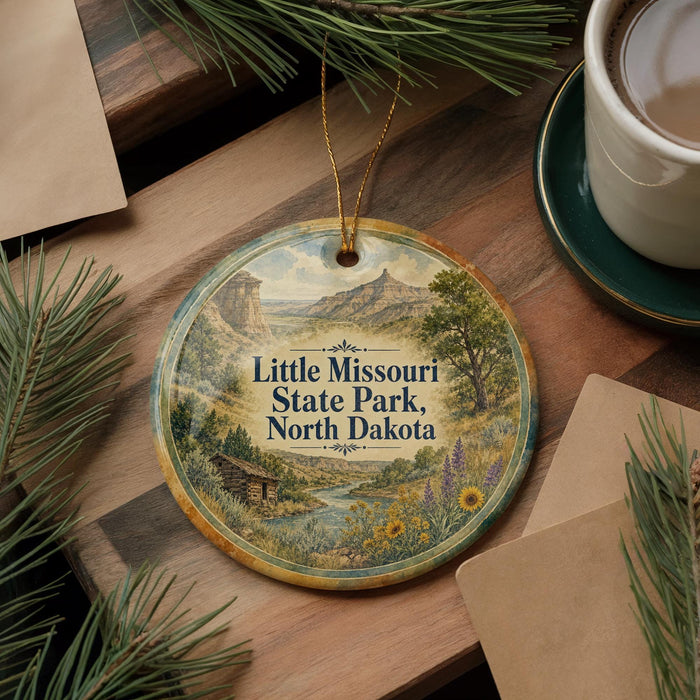 A decorative ornament featuring a scenic landscape of Little Missouri State Park, North Dakota, with a small cabin and mountains in the background.