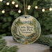 A round ornament with a scenic image of Little River State Park, Vermont, featuring a waterfall, forest, and bridge.