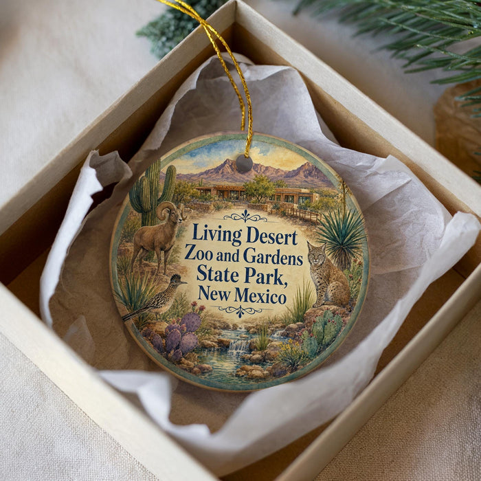 A decorative ornament in a white box, featuring an illustration of desert wildlife and landscape elements, with text that reads "Living Desert Zoo and Gardens State Park, New Mexico".