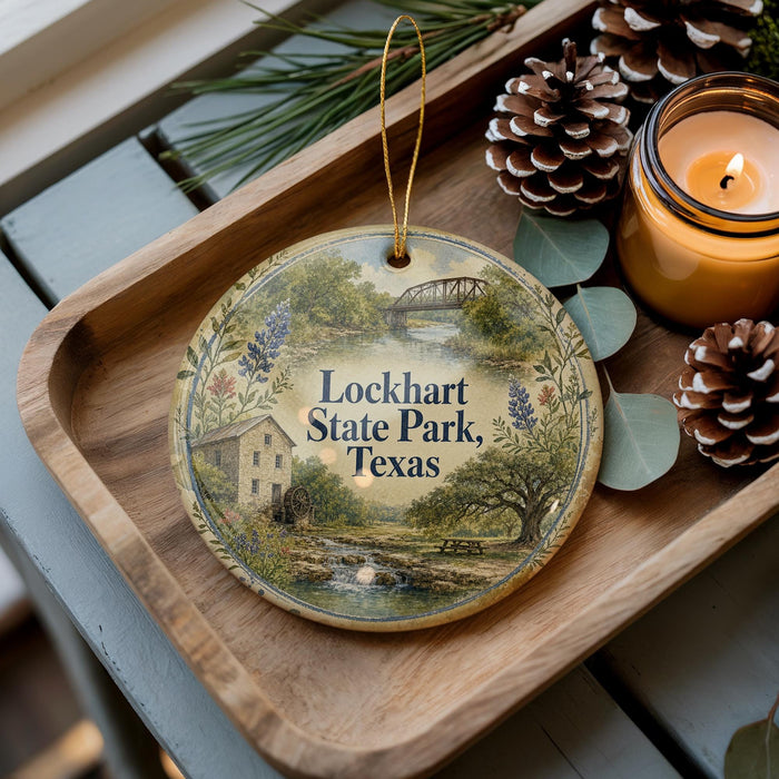 A decorative ornament with a scenic image of Lockhart State Park, Texas, is displayed on a wooden tray alongside pine cones and a lit candle.