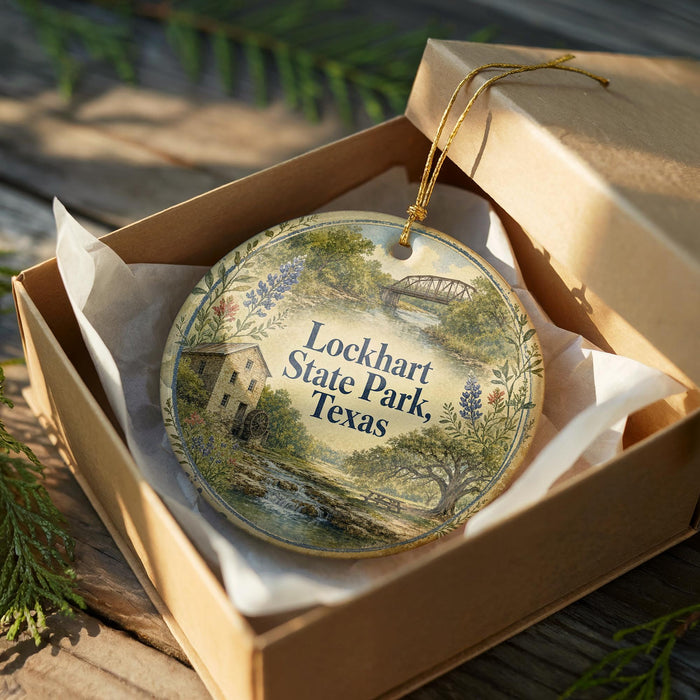 A decorative ornament in a box, featuring a scenic landscape with a river, trees, and a bridge.