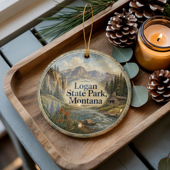 A wooden tray with a decorative ornament featuring a scenic landscape of mountains, pine trees, and a river, along with pine cones and a lit candle.