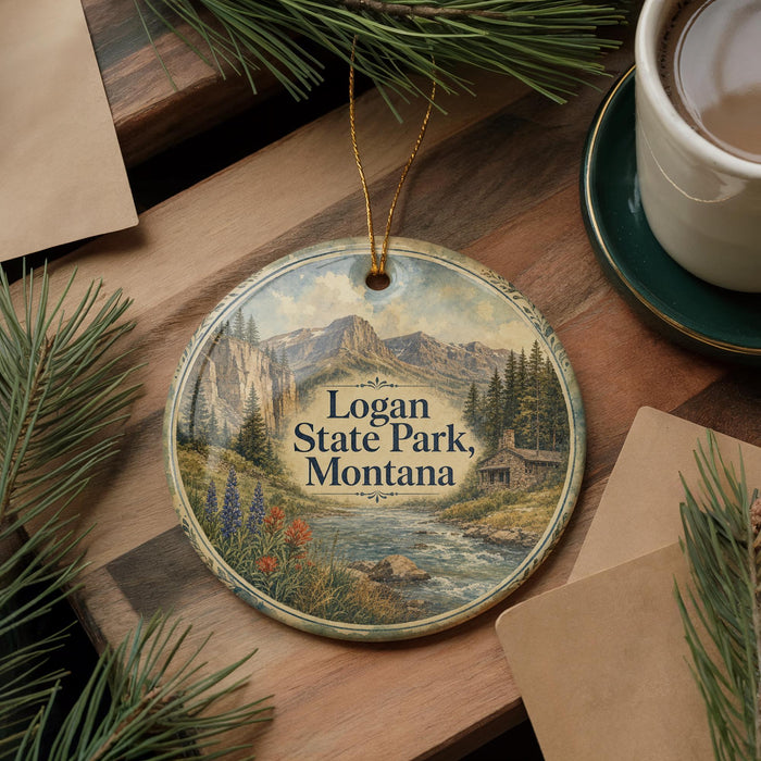 A round ornament with a scenic mountain landscape and a cabin, featuring the text "Logan State Park, Montana" on it, is displayed on a wooden surface alongside a cup of coffee and some pine branches.