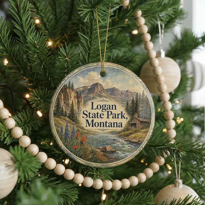 A round ornament hanging on a Christmas tree, featuring a scenic landscape of mountains, trees, and a river.