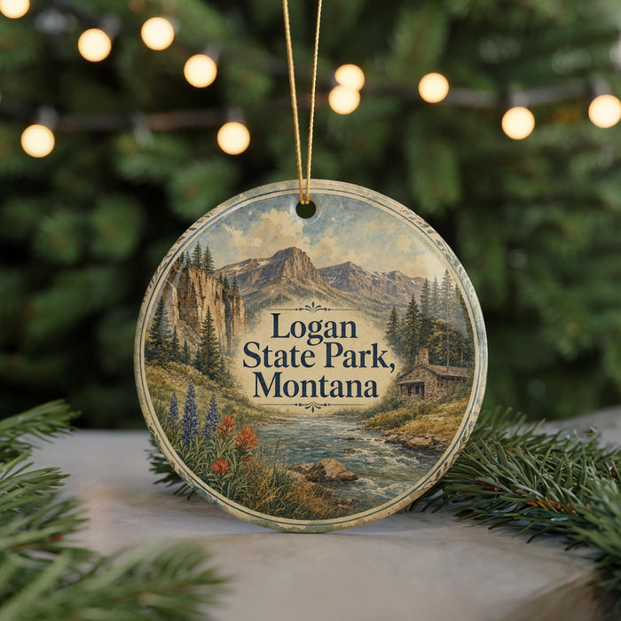 A round ornament with a scenic mountain landscape and pine trees, featuring the text "Logan State Park, Montana" on it.