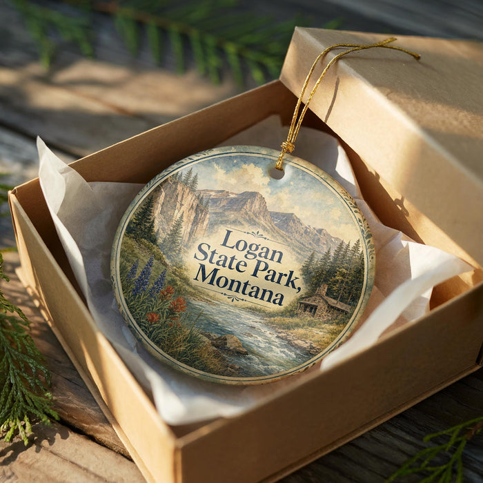 A circular ornament in a wooden box, featuring a scenic landscape with mountains, a river, and wildflowers.