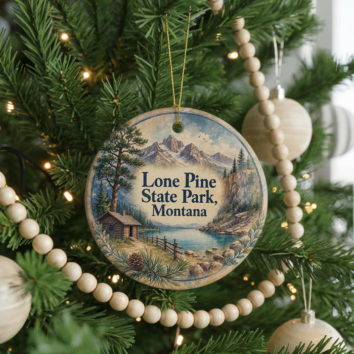 A round ornament on a Christmas tree, featuring a scenic landscape with mountains, pine trees, and a cabin.