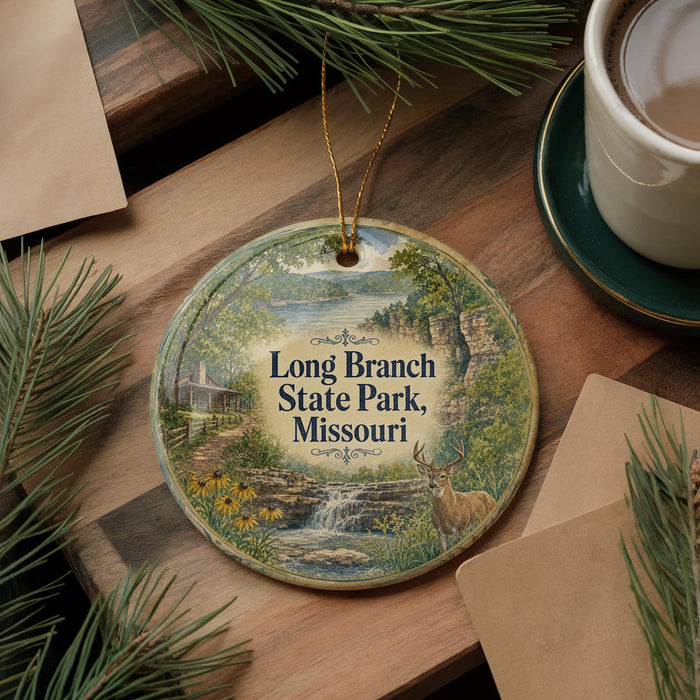 A decorative ornament featuring a scenic landscape with a waterfall, surrounded by pine branches and a deer, placed on a wooden surface next to a cup of coffee.