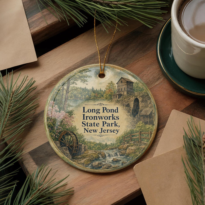 A round ornament with a painting of a scenic landscape, featuring a pond, ironworks, and a building, is displayed on a wooden surface alongside a cup of coffee and some pine branches.