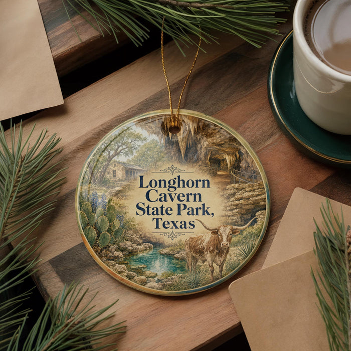 A circular ornament with a scenic image of the Longhorn Cave in Texas, featuring a cow and a natural landscape.