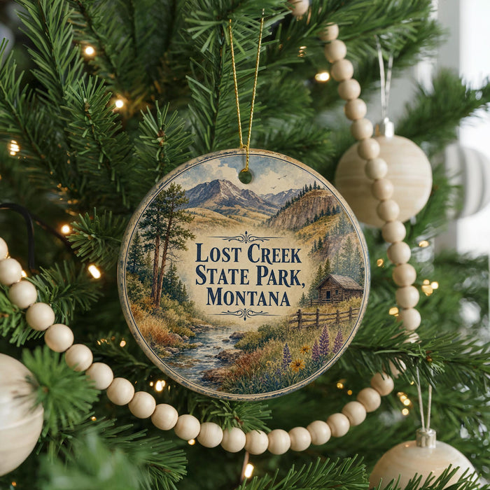 A round ornament hanging on a Christmas tree, featuring a scenic landscape with mountains, trees, and a stream.