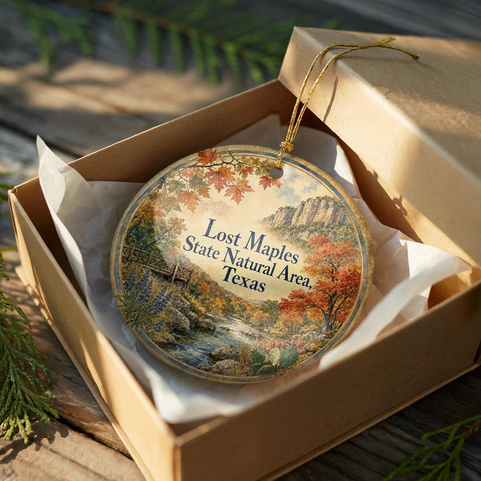 A decorative ornament in a box, featuring a scenic landscape with a river, mountains, and autumn foliage.