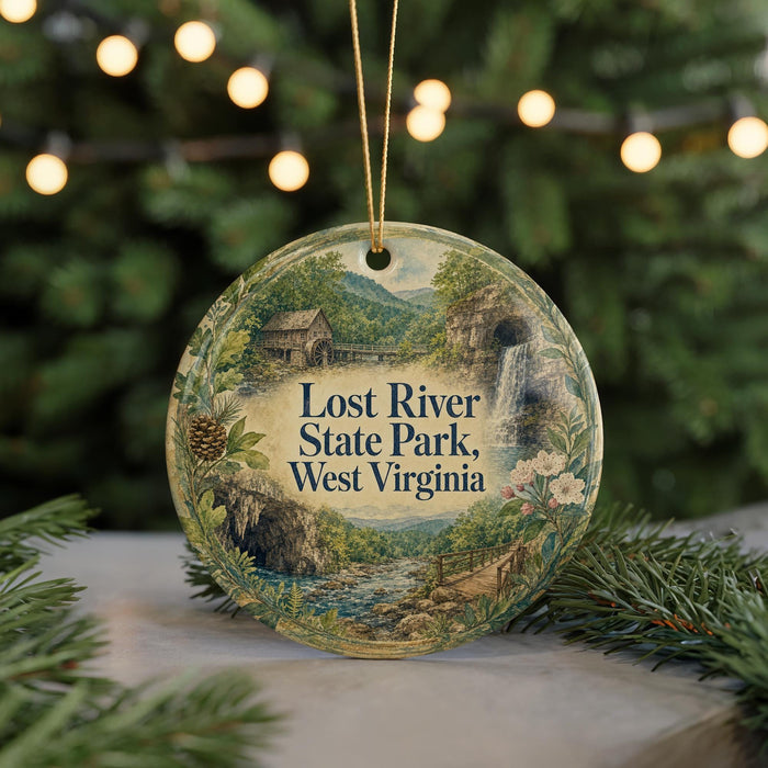 A round ornament with a scenic illustration of Lost River State Park, West Virginia, hanging from a string.