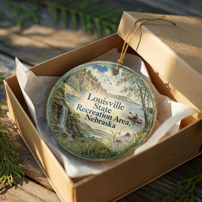 A decorative ornament in a box, featuring a scenic landscape with a waterfall, a person in a boat, and text that reads "Louisville State Recreation Area, Nebraska".