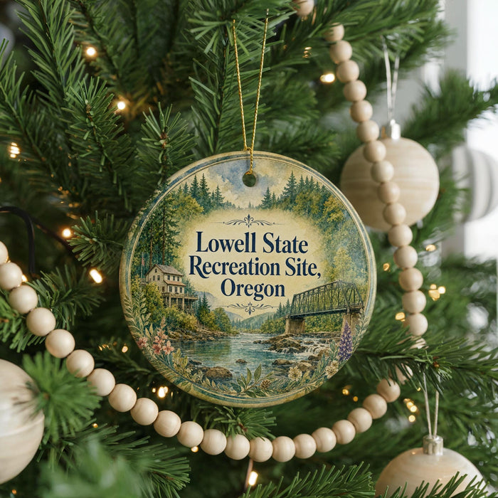 A round ornament hanging on a Christmas tree, featuring a scenic landscape with a bridge and trees.