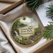 A decorative ornament with a scenic image of a waterfall and forest, featuring the text "Lyman Run State Park, Pennsylvania".