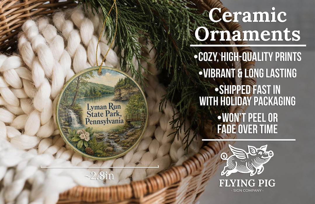 Ceramic ornaments, featuring a detailed image of a scenic landscape, are displayed in a woven basket.
