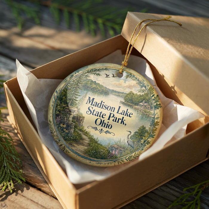 A decorative ornament in a wooden box, featuring a scenic landscape with a lake and trees, with the text "Madison Lake State Park, Ohio" printed on it.