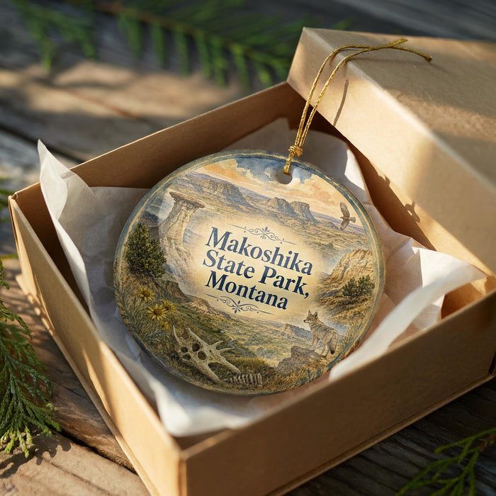 A decorative ornament in a box, featuring a scenic landscape with mountains, trees, and a bird, with the text "Makoshika State Park, Montana" printed on it.