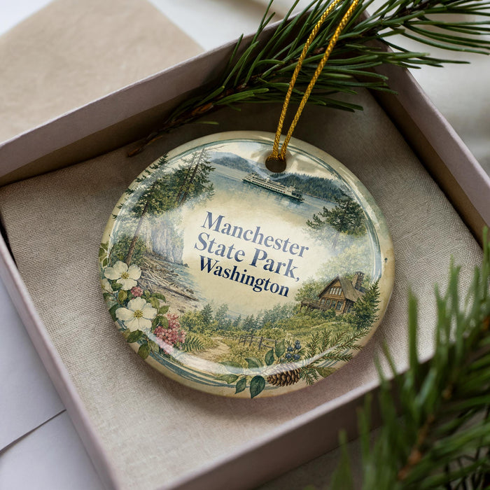 A decorative ornament in a box, featuring a scenic landscape with pine trees, flowers, and a cabin, with the text "Manchester State Park, Washington" prominently displayed.