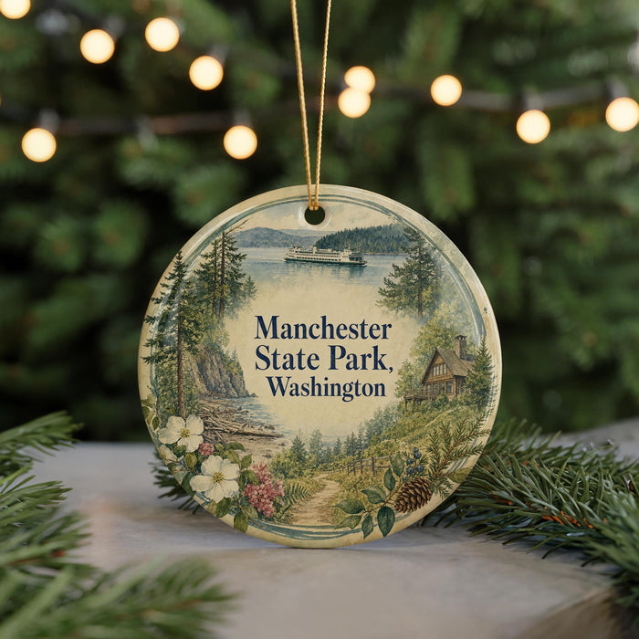 A round ornament with a scenic image of Manchester State Park, Washington, featuring a boat on a lake, surrounded by pine trees and a cabin.
