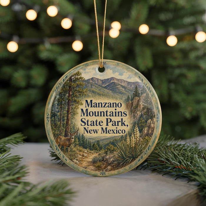 A round ornament with a scenic mountain landscape and a deer, hanging on a string.