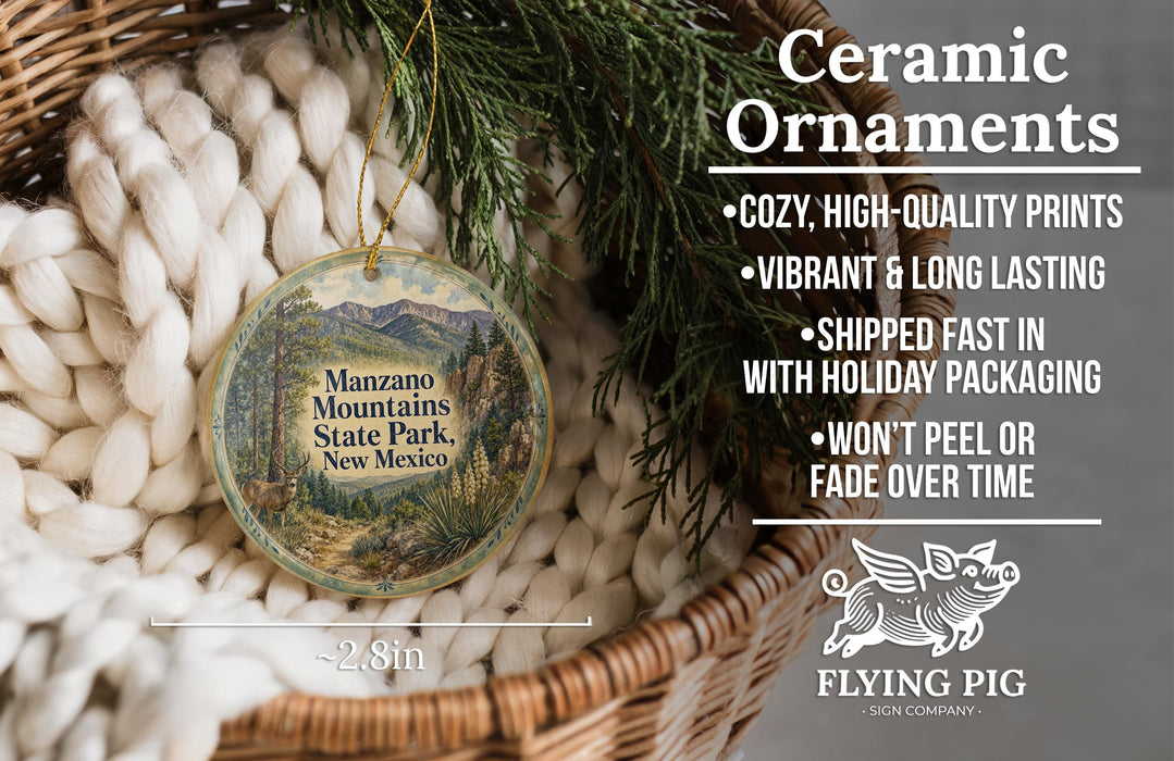 Ceramic ornaments, specifically a Manzano Mountains State Park, New Mexico ornament, are displayed in a woven basket.