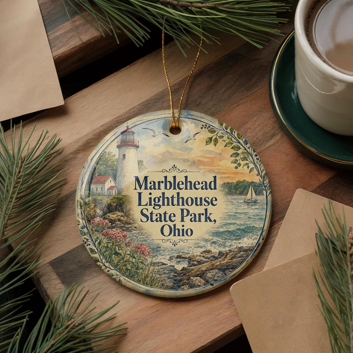 A decorative ornament featuring a lighthouse and a scenic landscape, placed on a wooden surface alongside a cup of coffee and some pine branches.