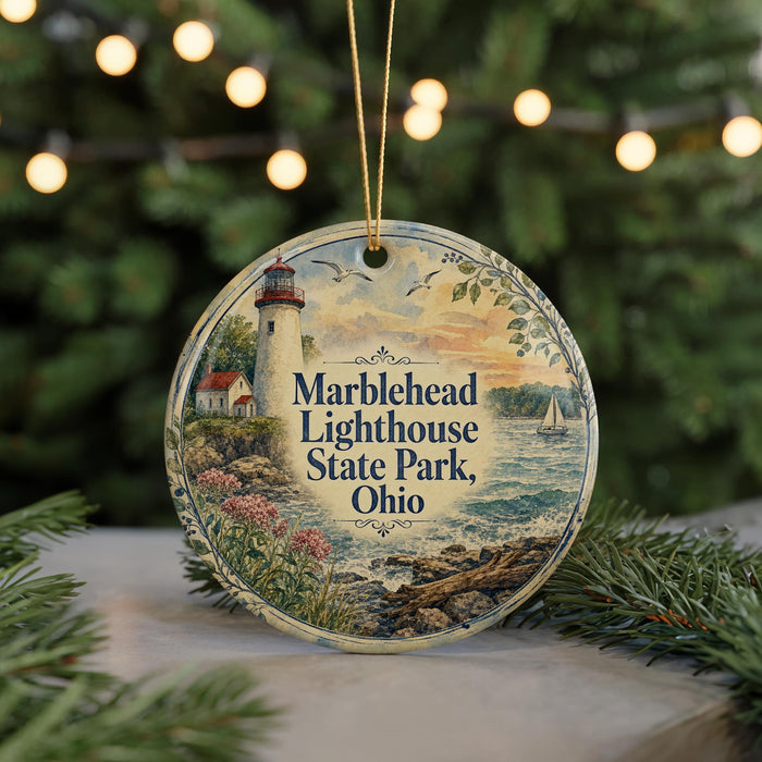 A round ornament featuring a lighthouse and a scenic landscape, with the text "Marblehead Lighthouse State Park, Ohio" displayed prominently.