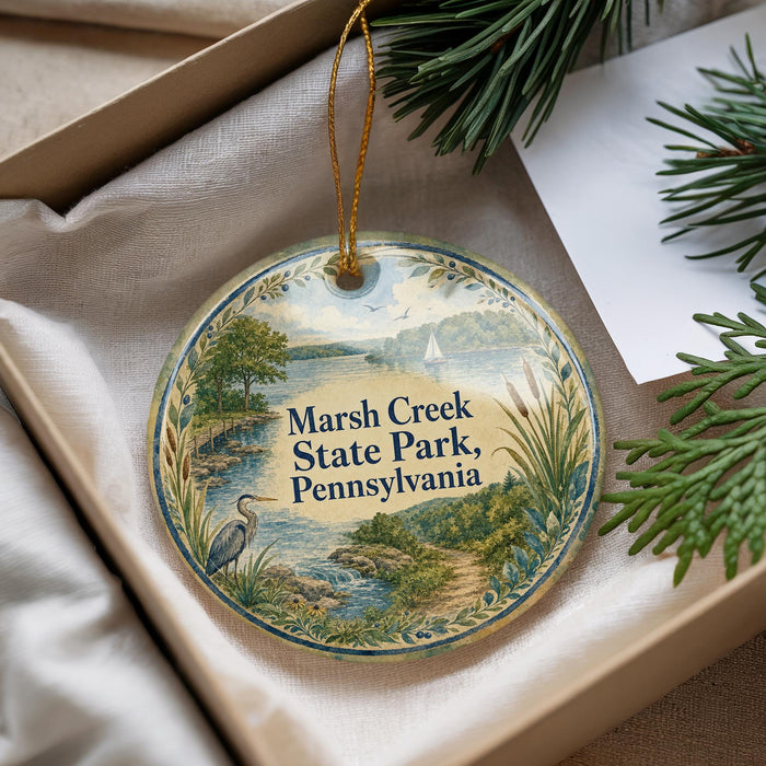 A decorative ornament with a scenic image of Marsh Creek State Park, Pennsylvania, hanging from a string.