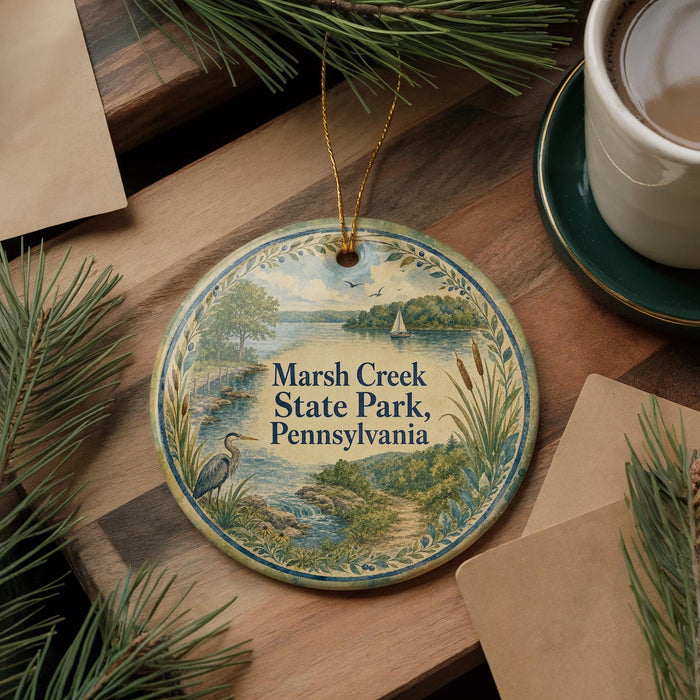 A decorative ornament with a scenic landscape of marsh creek, state park, and Pennsylvania, featuring a bird and a sailboat, is displayed on a wooden surface alongside a cup of coffee and some pine branches.