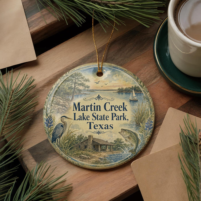 A decorative ornament with a scenic image of Martin Creek Lake State Park, Texas, featuring a bird, a house, and a boat on a lake.
