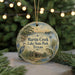 A round ornament with a painting of Martin Creek Lake State Park, Texas, featuring a bird, a house, and a boat on the lake.